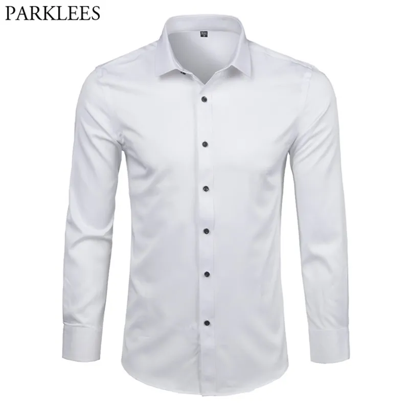 Camisas de vestido de fibra de bambu masculina camisa de manga longa fit camisa de manga longa para baixo formal elástico para homem de negócios 210626