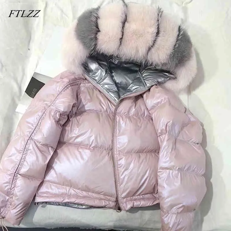 Искусственный мех вниз пальто зимняя куртка женская свободная натуральная лисица воротник белая утка густая теплая короткая Parka 210423
