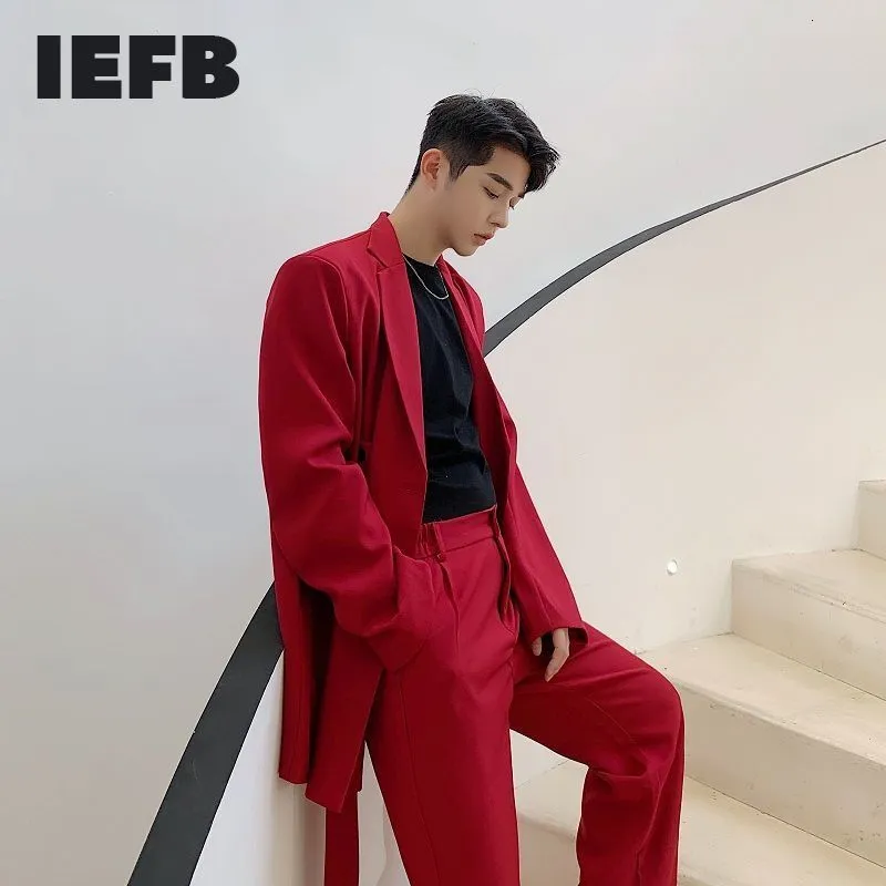 IEFB Men's Clothing Red Temperament Show Ribbon Design Mid Length Suit Coat Single Breasted Long Sleeve Blazer 9Y7073 210524