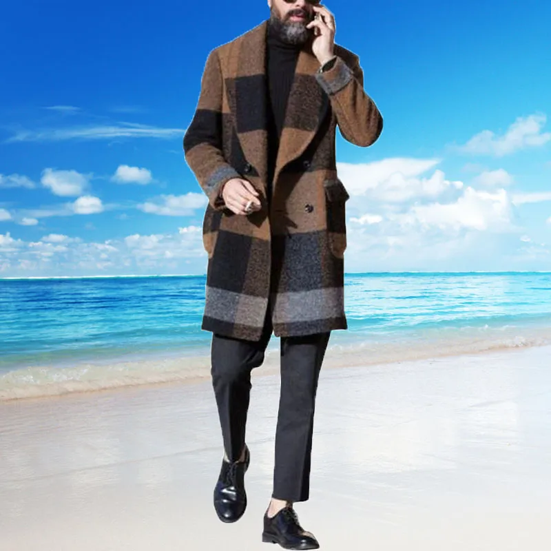 Plaid Winter Mens Wool & Blends Casual xxxl Coat Stylish Slim Fit Lapel Single-breasted 3XL Woolen Coats