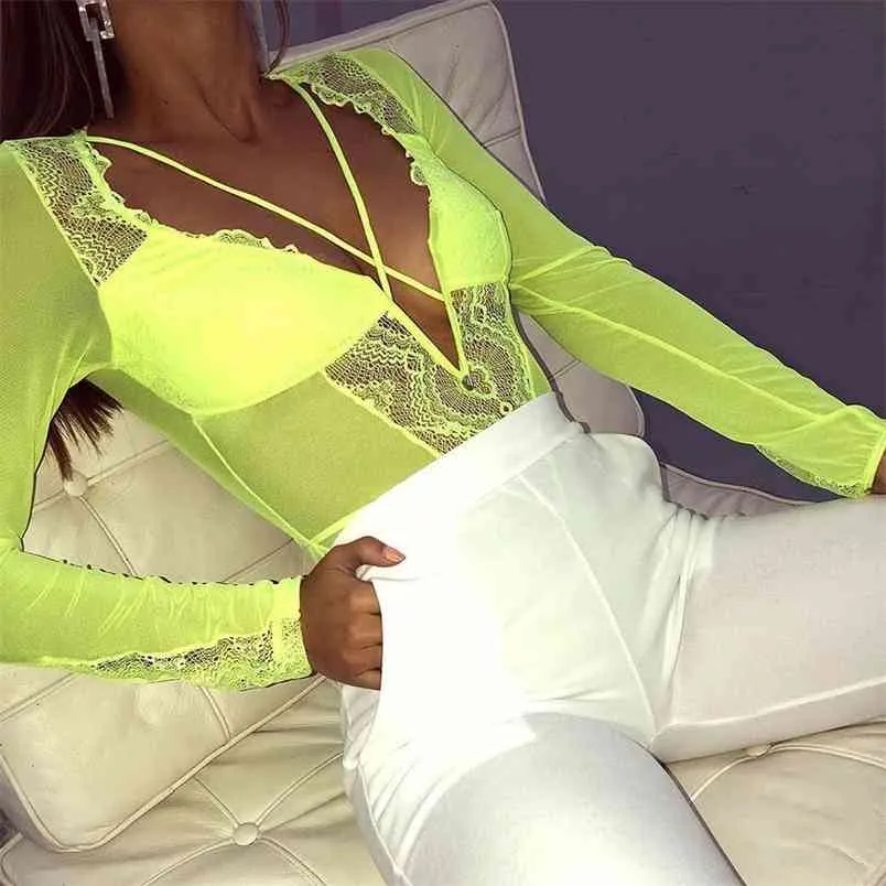 Sexy Bodysuit Dames Zomer Herfst Lange Mouw Kant Patchwork Mesh Bodysuits Neon Green Bodycon Tops Fashion Party Overalls 210517