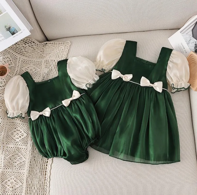 Sencillo lindo bebé niña ropa vestidos manga corta infantil verde cumpleaños vestido 100% algodón verano