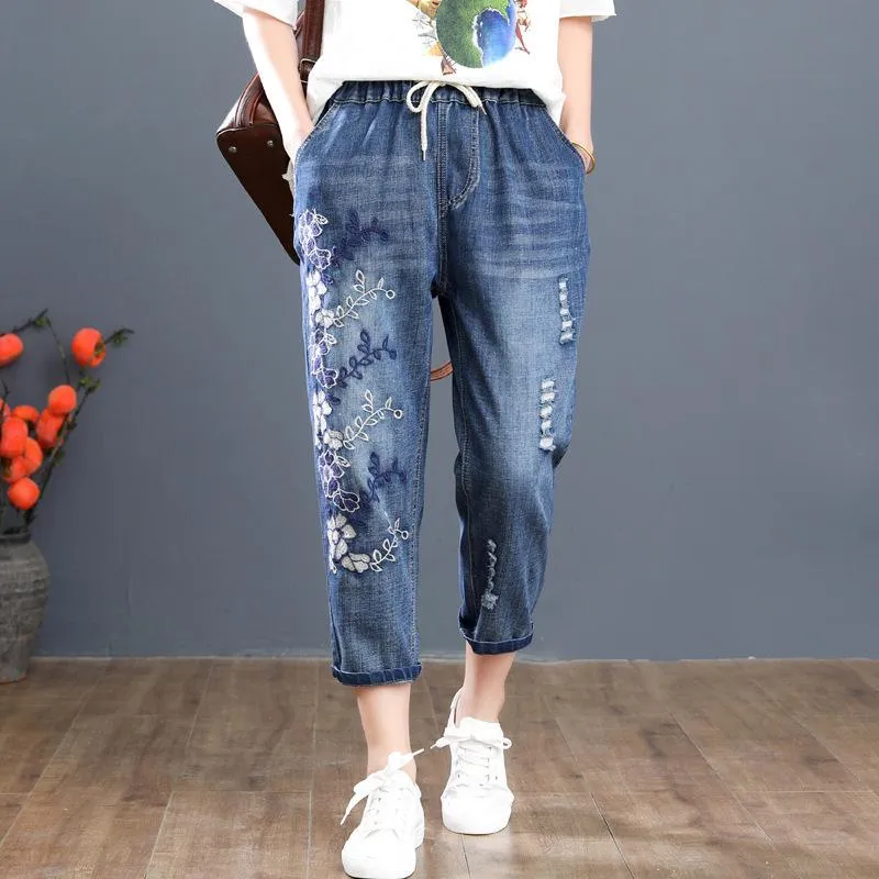 Kvinnors jeans 2021 sommar mode damer blommig kvinna lyx broderi denim byxor kvinnlig riven repad tvättade harem byxor