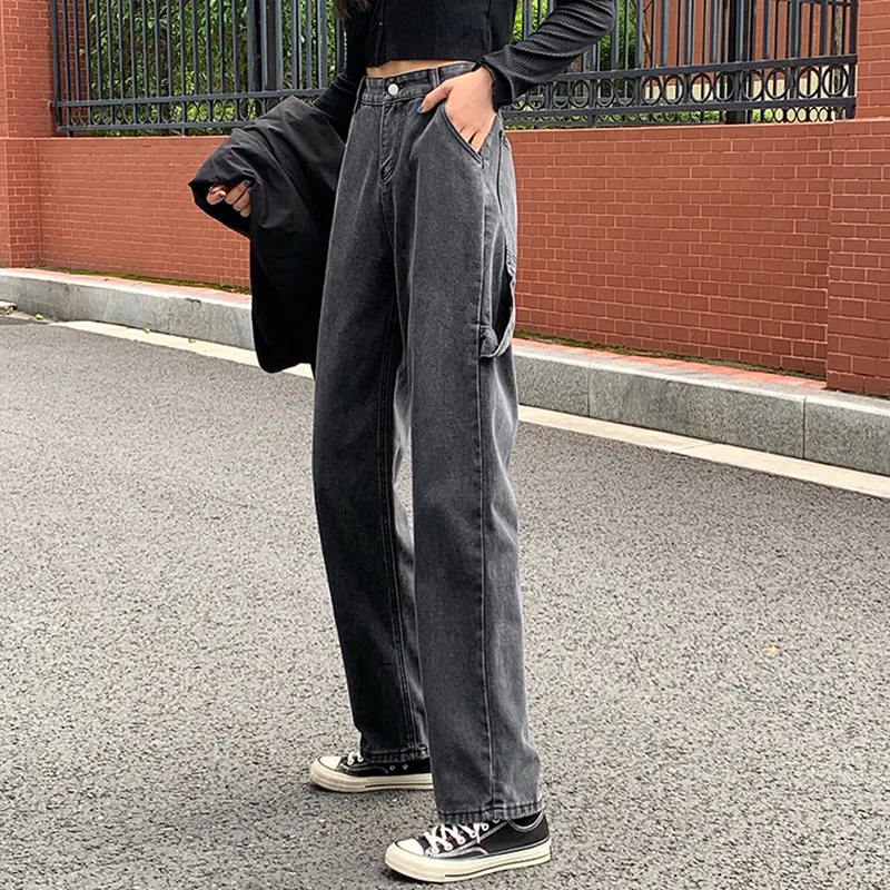 SML korean safari style women grey wide leg denim Pants Casual high waist jeans for straight pants female (F7461) 210508