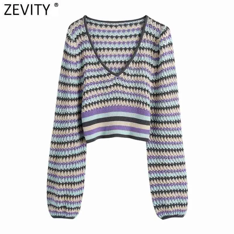 Kvinnor Mode Färg Matchning Hollow Out Crochet Stickning Sweater Ladies V Neck Casual Slim Crop Pullovers Tops SW822 210416