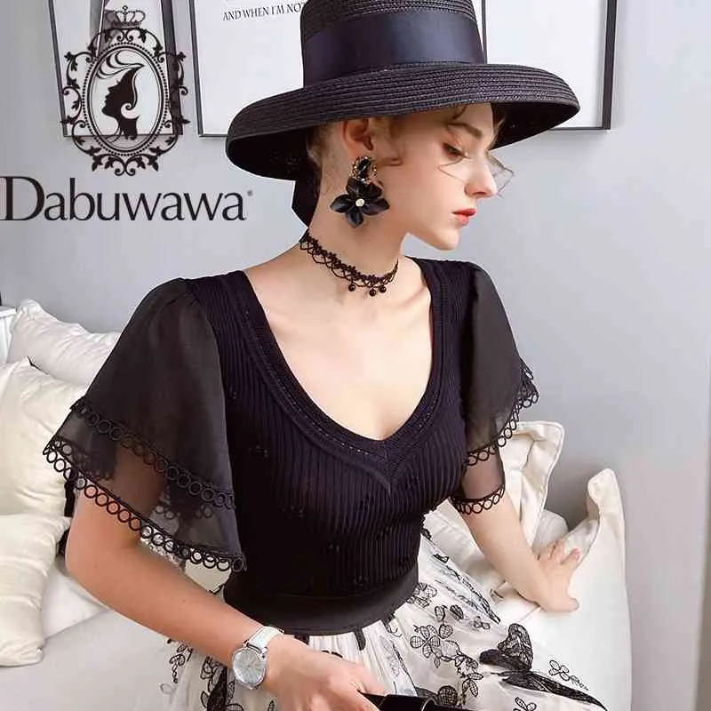 Dabuwawa exklusiv söt stretchy v-nacke pullover tröja kvinnor ruffle ärm slim monterad solid svart tröja damer do1bjs002 210520