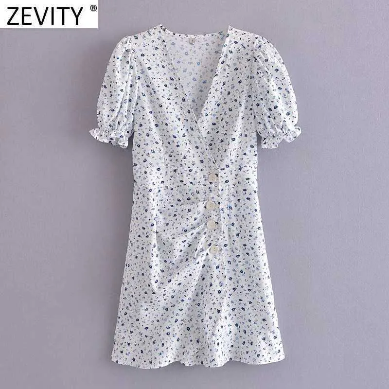 Zevity Women French Style V Neck Floral Print Hem Ruffles Slim Mini Dress Sukienka Smukła Sukienki Smukłe Suknie Letnie DS8336 210603