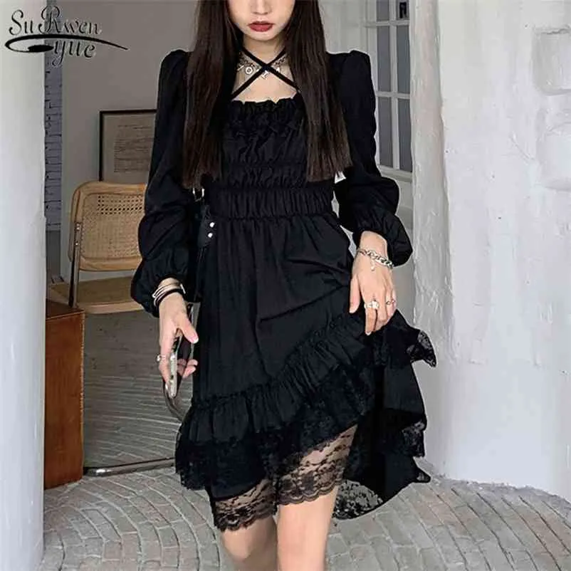 Vestido de fiesta negro para mujer Irregular estilo japonés Kawaii gótico Lolita mujer encaje volantes Puff manga verano es 13244 210427