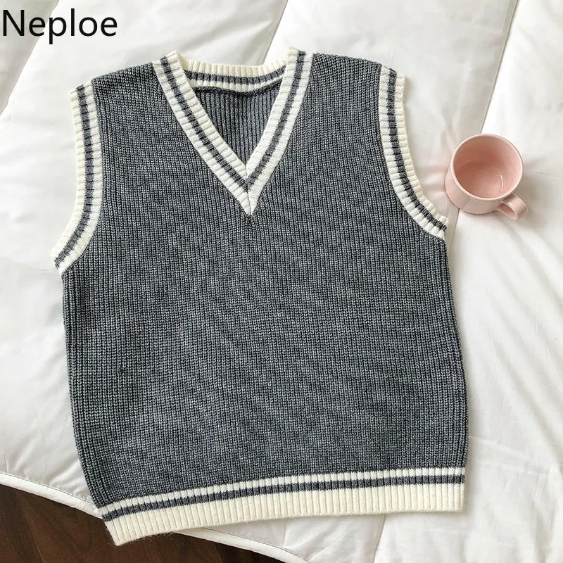 NEPLOE Contrast Color Swetry Kamizelki Kobiety V-Neck Bez Rękawów Dorywczo Dzianiny Pullowniki Zbiornik Koreański All-Match Waistcoat Topy 4H264 210422