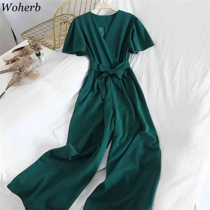 Sommar Casual Short Sleeve Jumpsuit Kvinnor Sashes Lossa Wide Leg Playsuit Ladies Overaller Party Club Fashion Jumpsuits 210519