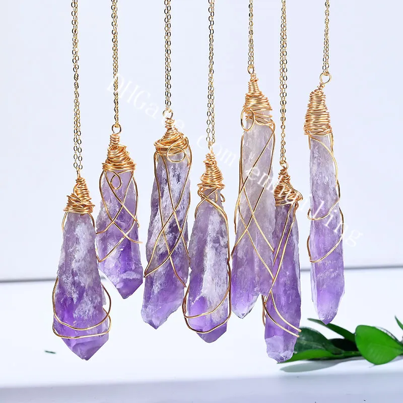 Wire Wrapped Natural Raw Amethyst Quartz Crystal Point Wand Pendant, Handmade Irregular Rough Purple Gemstone Stick Necklace Healing Amulet Protection Jewelry