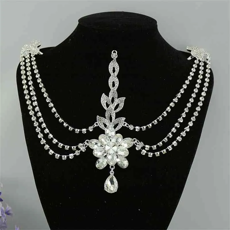 Accessoires de cheveux indiens en cristal plaqué argent, bijoux de tête, pièces de front, diadèmes de mariage, chaîne de mariée 2107012922