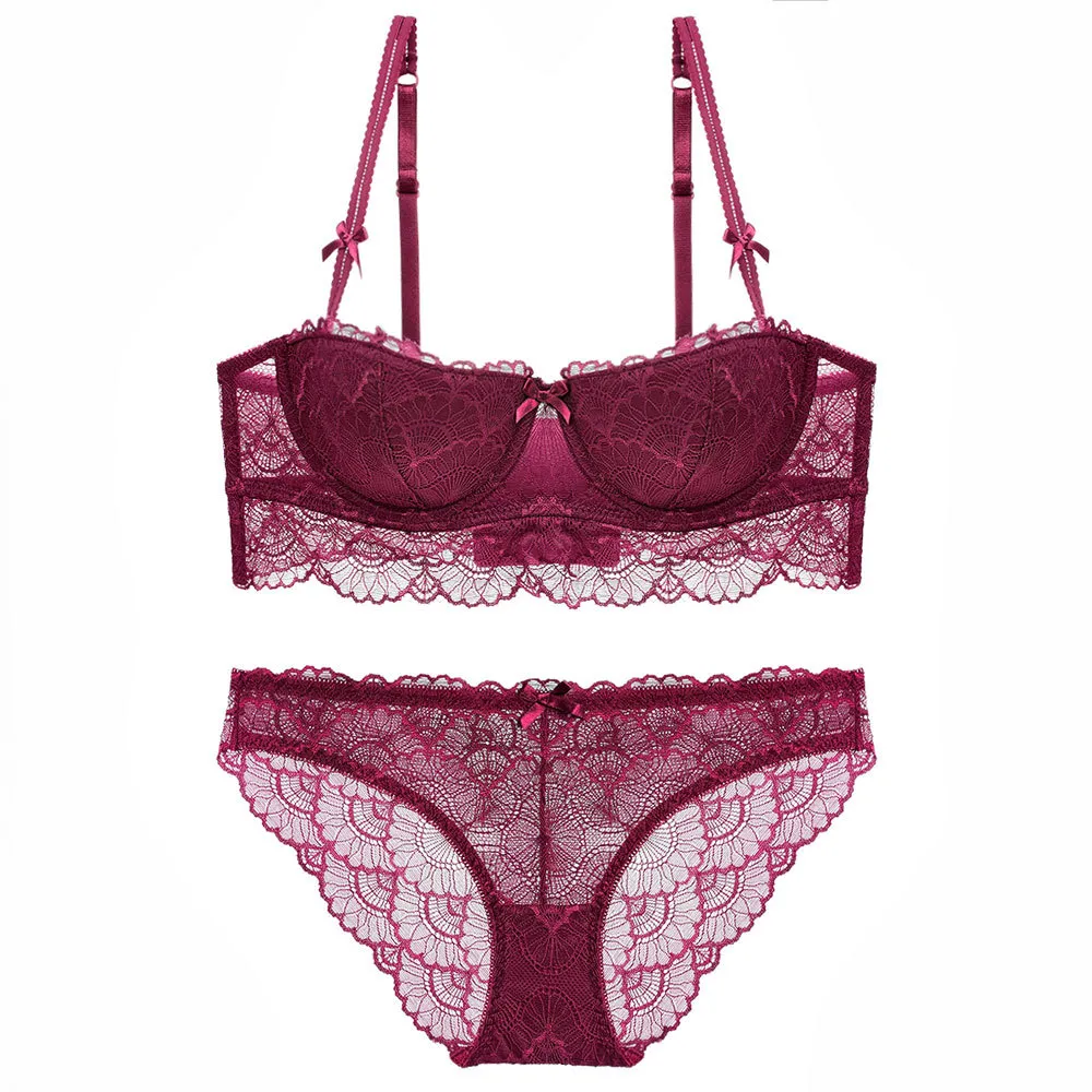 Yüksek Kaliteli Lingerie Kadın İç Çamaşırı Set Dantel Şeffaf Seksi Sutyen Ve Külot Bayanlar Için Push Up Set Dalma Yarım Fincan 2019 Yeni X0526