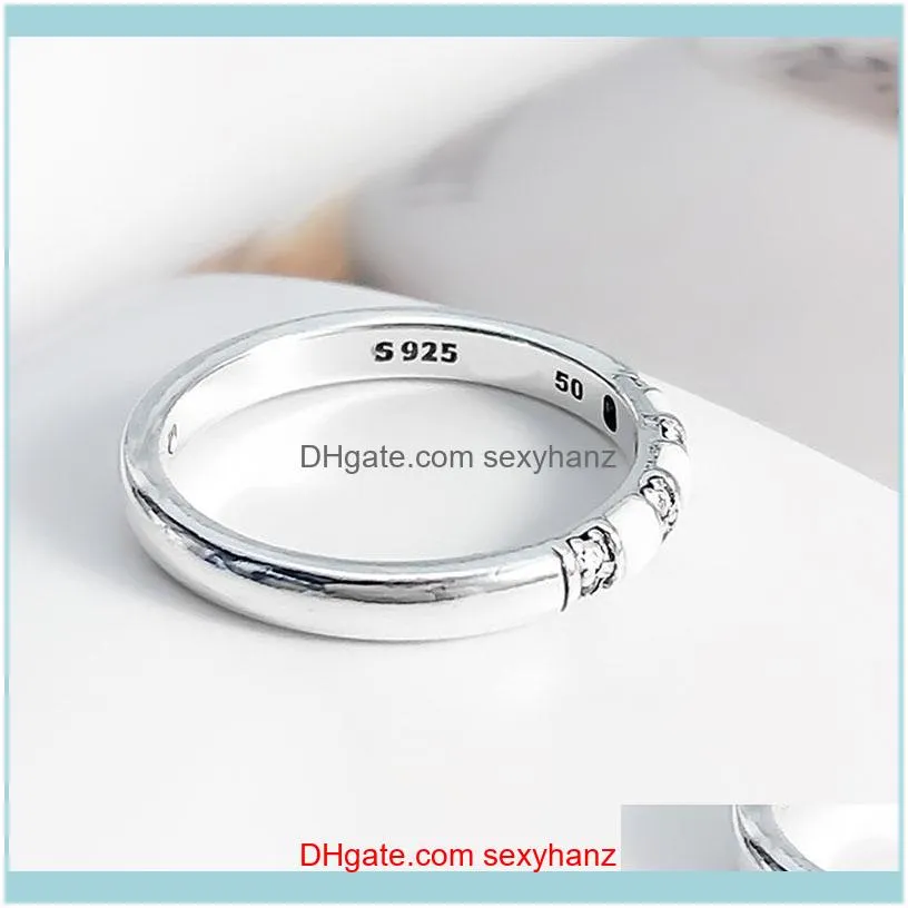 Authentic 925 Sterling Silver Pan Ring White Enamel Spacer Pair Stripe For Women Wedding Party Gift Fashion Jewelry Cluster Rings