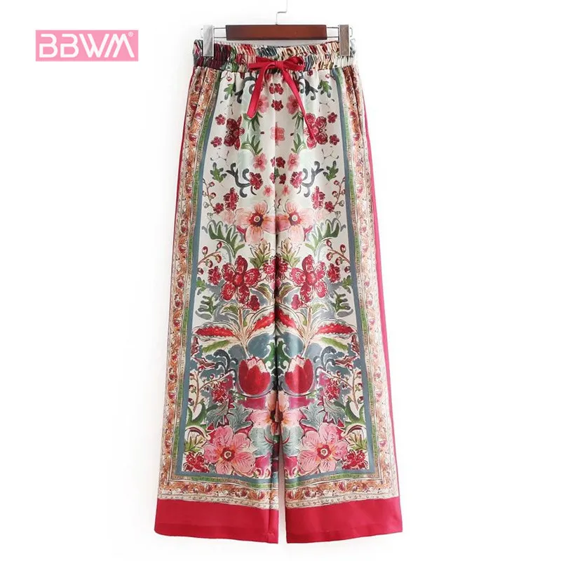여성 여름 높은 허리 탄성 넥타이 레트로 컬러 인쇄 느슨한 넓은 다리 바지 바지 210507