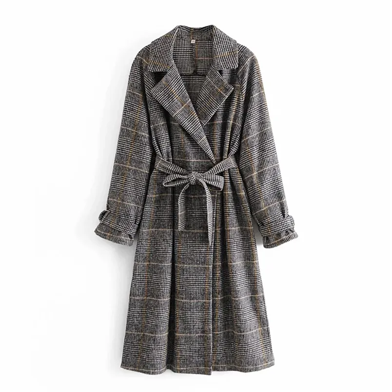 Серый плед длинные зимние пальто женские пояс двойной погружной рукав винтажные дамы пальто элегантные пальто женщины 210519