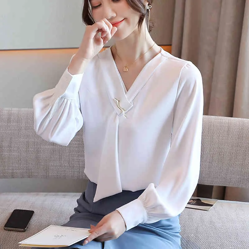 Blusas Mujer de Moda Herfst Lantaarn Lange Mouw Chiffon Shirt Vrouwen Blouse Solid Color Fashion Office Shirts 833C 210420