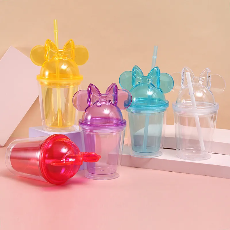 Bonito Bowknot Tampas Copos Fios Bebida Dupla Camada De Plástico para Meninas Presentes Drinkware Caneca