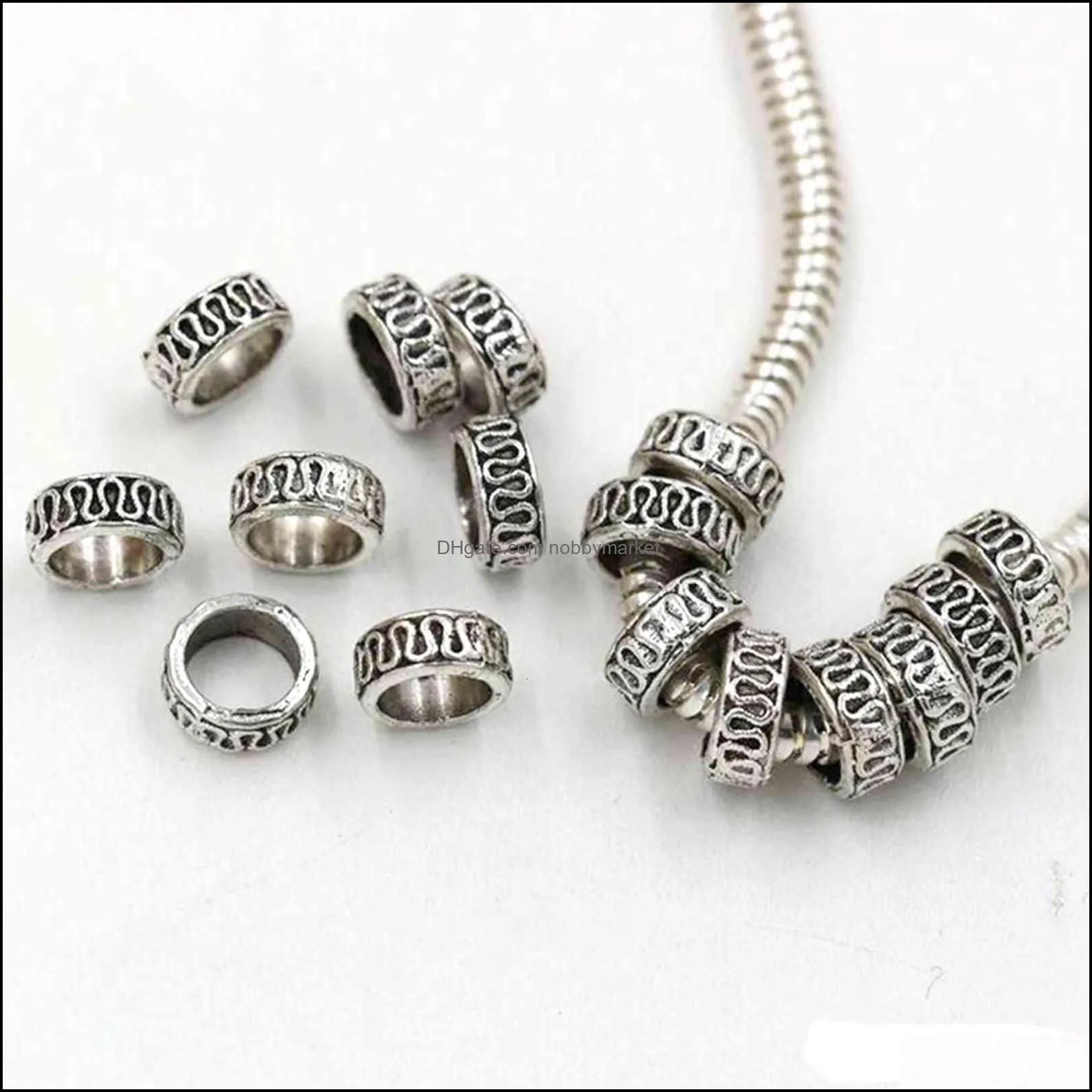 Brand Jewelry Findings 200pcs Antique Silver Alloy Carved Large Hole Spacer Beads For Making Bracelet Necklace DIY Accessories 8*4mm