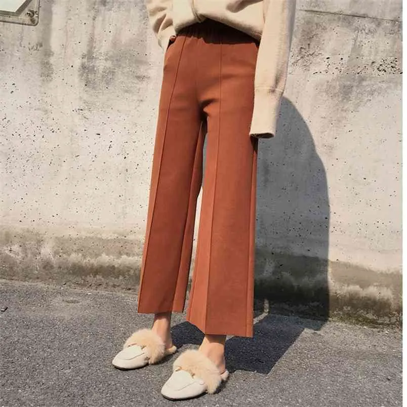 Höst Vinter Korea Fashion Women High Waist Woolen Wide Ben Byxor All-matchad Casual Loose Right Plus Storlek S524 210512