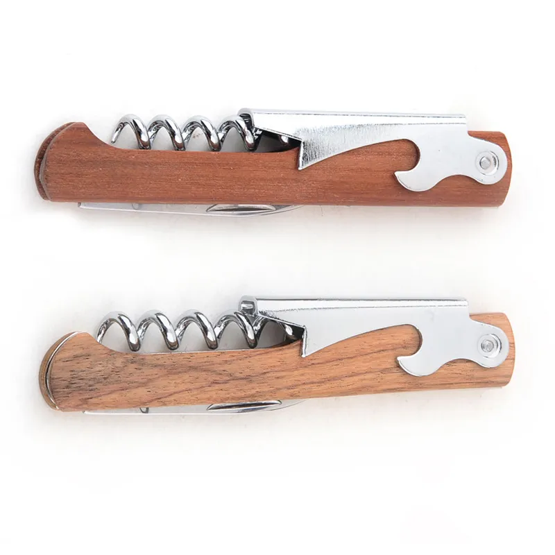 Öppnare Rostfritt stål Handhållen Deluxe Bottle Opener Wood Handle Wine Opener Korkskruv Dubbel gångjärn Servitörer Vinflasköppnare DH0427 T03