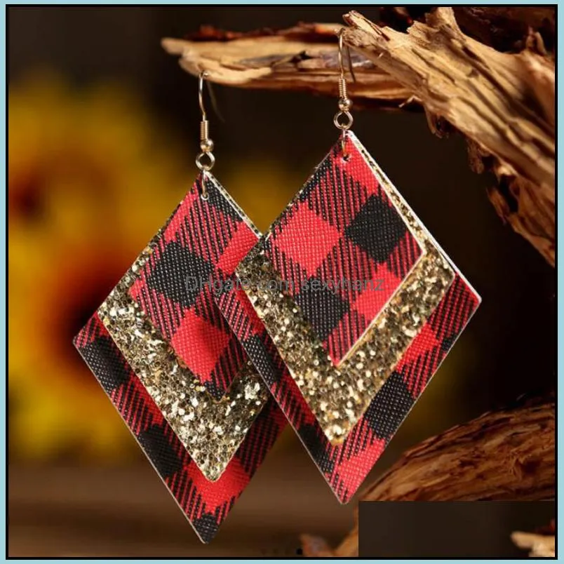 S1900 Hot Fashion Jewelry PU Leather Earrings Three Layers Geometric Plaid Sequins Faux Leather Earrings