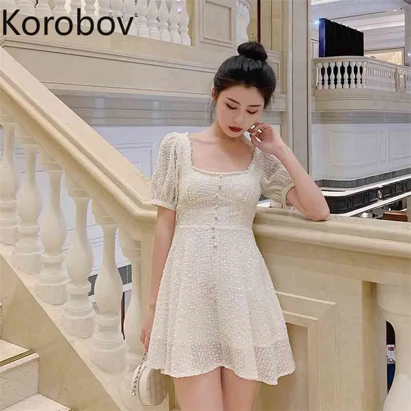 Korobov Square Collar Open Collarbone White Dress High Wasit Hip A Line Sexy Vestido Small Fragrance Slim Ropa Summer New 210430