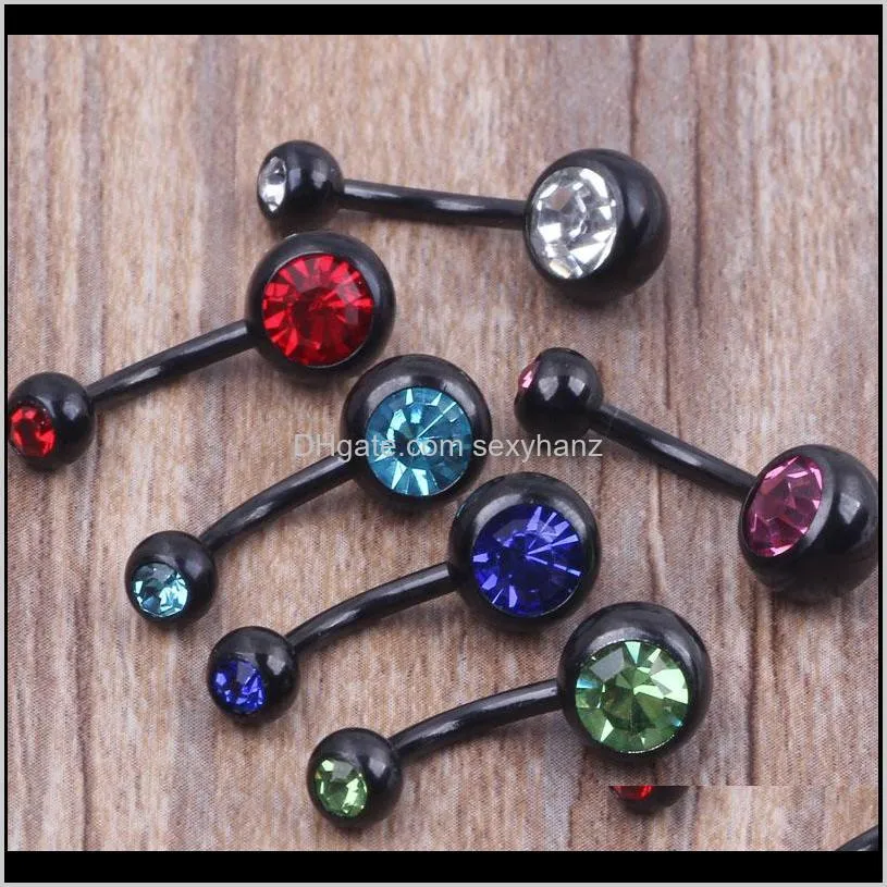 belly button ring 50pcs/lot mix 5 colors anodized black stainless steel body piercing jewelry double gem navel belly ring