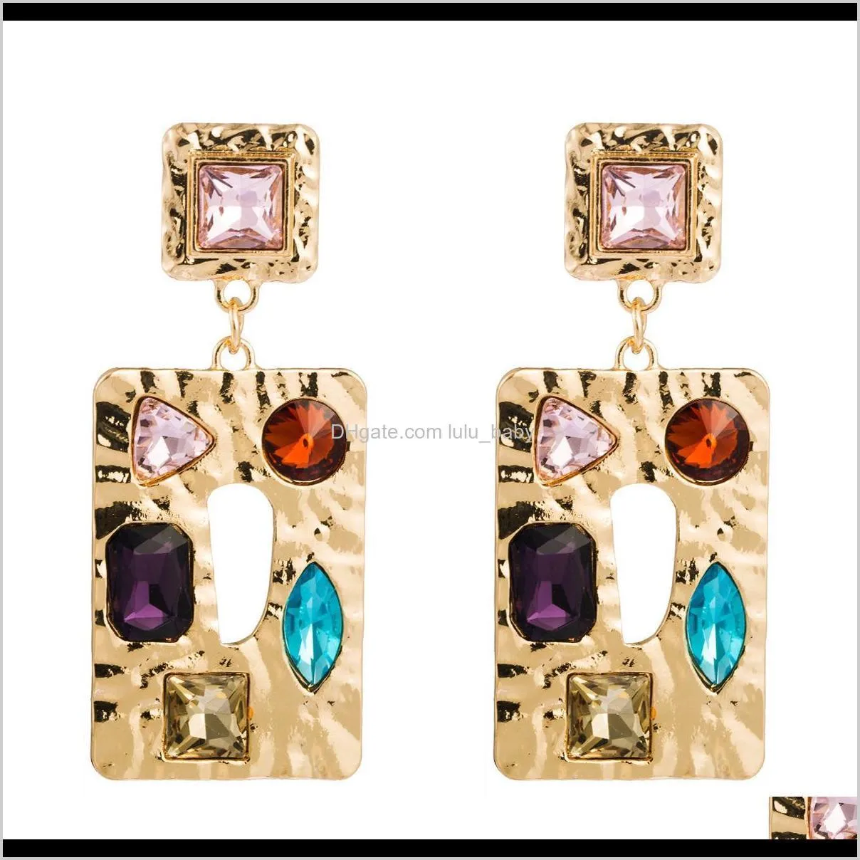 exaggerated style square alloy diamond glass diamond earrings women`s fashion metal texture bohemian style earrings