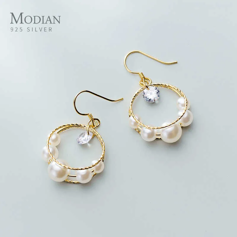 Shiny Zircon Elegant Pearl Double Circle Sterling Silver 925 Drop Hook Earring for Women Luxury Wedding Gift Fine Jewelry 210707