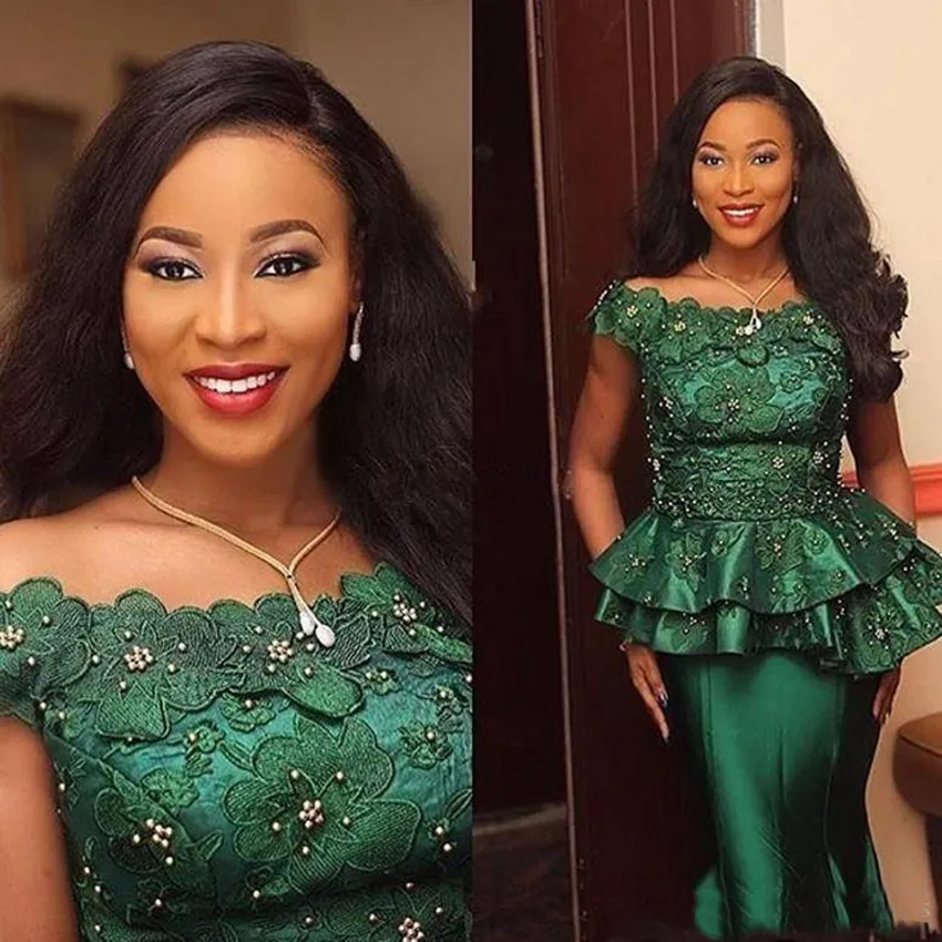 2021 Nigeria Style Lace Peplumn Aftonklänningar Turkiet 3d Flora Appliques Beaded Emerald Green Formal Occasion Dresses Prom Party Wear