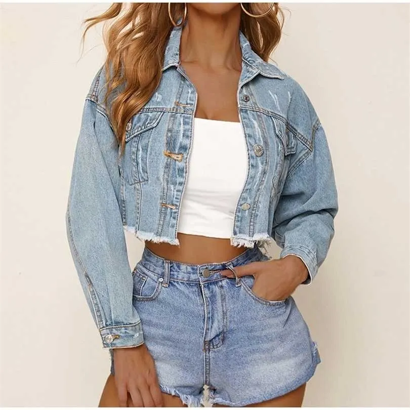 Jesień Burs Frayed Denim Kobiety Krótki Płaszcz Z Długim Rękawem Turn-Down Candy Kolor Kobiet Kurtka Vintage Streetwear Lady Znosić 211014