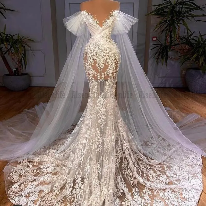 Robe De mariée sirène en dentelle transparente, Illusion De perles majeures perlées avec enveloppe, robe De mariée, 2021