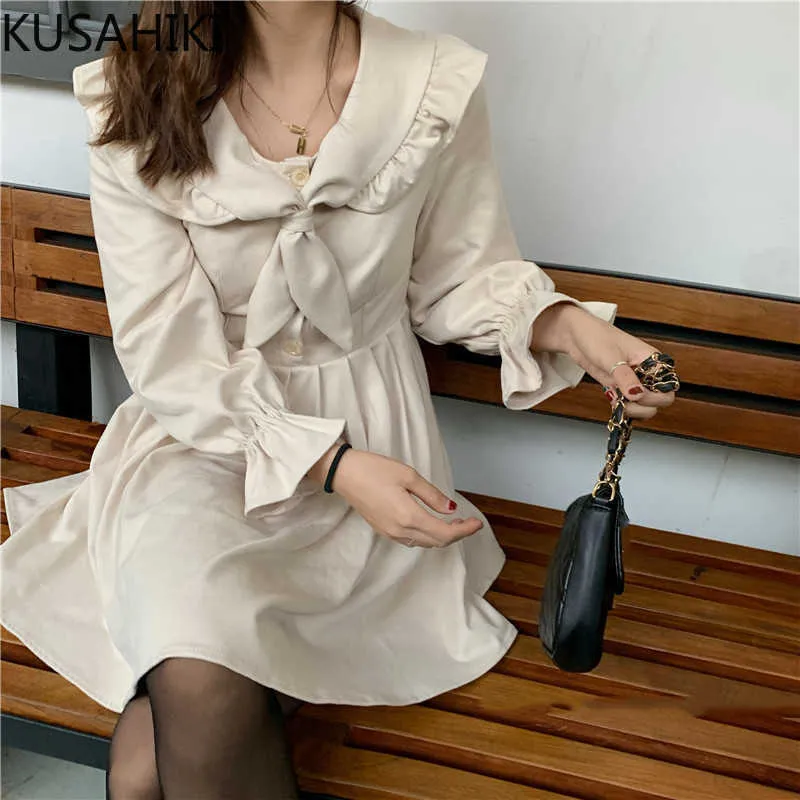 Women's Light Beige Knee-Length Dress with Ruffled Sleeves and Bow Detail