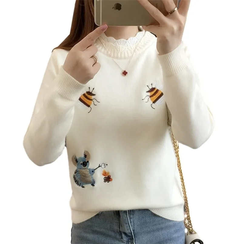 Fashion autunno donne maglione pullover inverno tops ricamo coreano piccolo ape allentato maglieria calda maglieria maglieria donna D531 210812