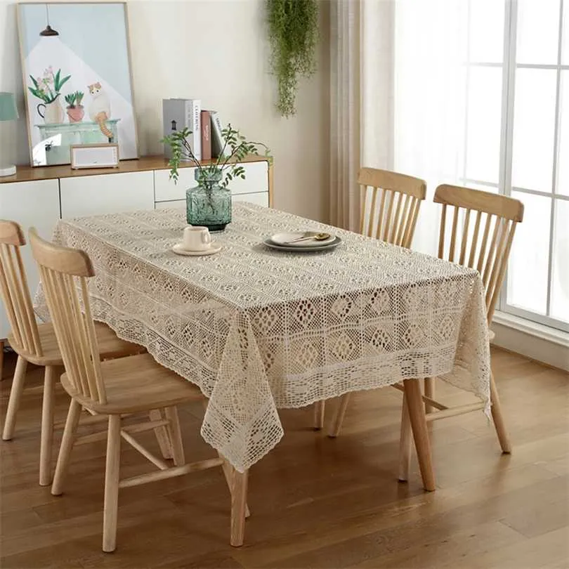 Crochet Hollow Tablecloth Home Decorative Rectangle Fabric Lace Beige Bedroom Coffee Table for Living Room Cover Cloth Mat 211103
