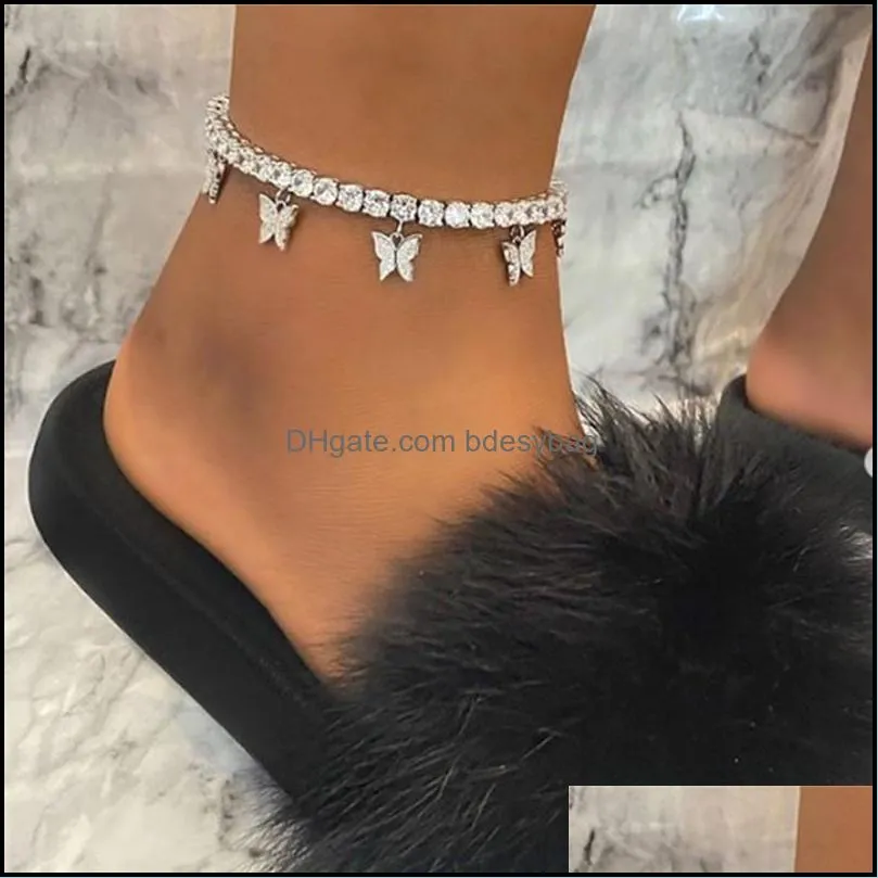 Anklets smycken ut tennis Anklet för kvinnor Rhinestone Crystal Butterfly Beach Sandaler Fotkedja armband smycken släpp leverans 2021 XE