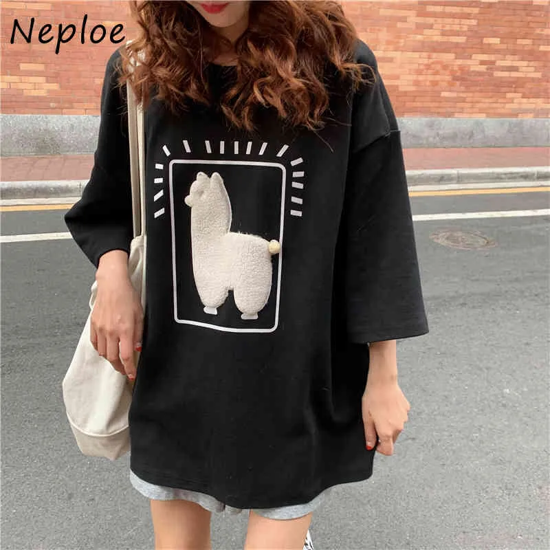 Neploe O Neck Pullover T-shirt con stampa a maniche corte Wmen Loose Casual All Match T-shirt estive 3 colori Top da donna 210510