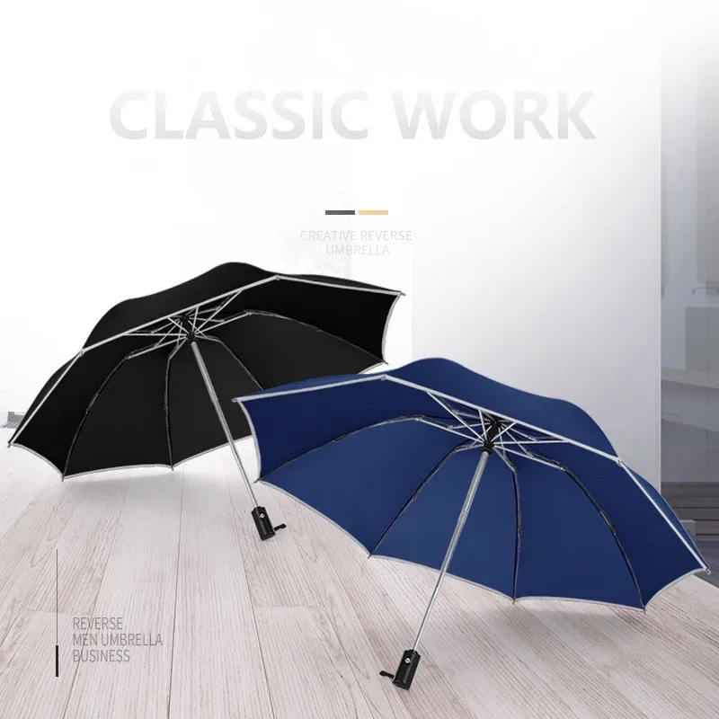 Przenośna podróż Wiatroszczelna automatyczna 3 Składane parasole Kobiety Unikalny Kompaktowy Prezent Deszczowy Parasol z Reflectled Stripe dla Mężczyzn