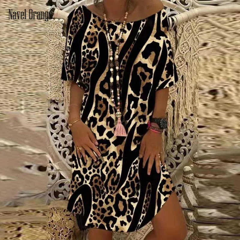 Kvinnor Sommar O Neck Sexig Leopard Mini Drfashion Karta Skriv ut Dam Party Drcasual Plus Size Sundrvestido Streetwear X0529