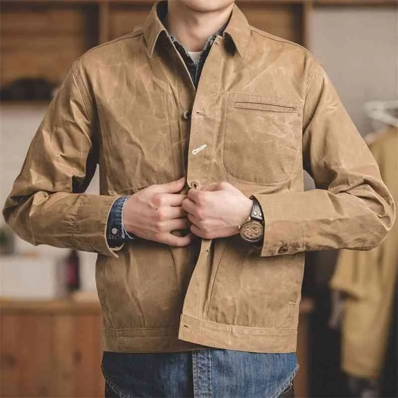 MADDEN Retro Khaki Jacket Male Size M To XXL Waxed Canvas Cotton Jacket Military Uniform Light Casual Work Jacket 201114