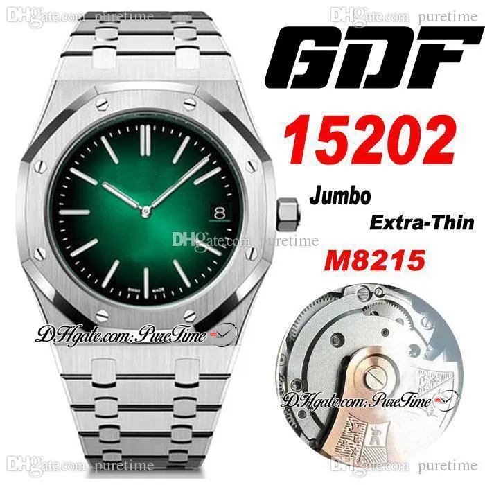 Gdf jumbo extra-fino miyota 8215 masculino automático assistir Sunburst Green Burst Dial Bracelete de aço inoxidável 41mm Relógios esportivos PTAP PureTime A01A1