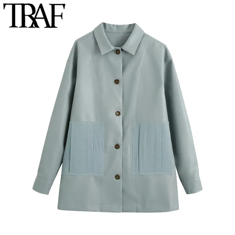 TRAF Women Fashion With Pockets Faux Leather Loose Jacket Coat Vintage Long Sleeve Button-up Female Outerwear Chic Tops 210415