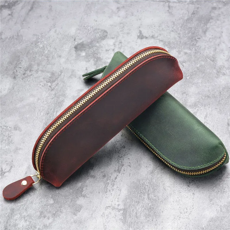 Leather Pencil Bag Vintage Style Cowhide Stationery Case Box