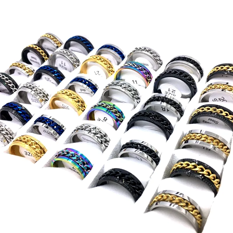 Großhandel 100 Stück Herren Damen Band Ringe Mode Edelstahl Kette Spinner Mix Farben Vielzahl von Stilen Schmuck