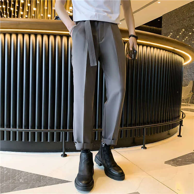 Fashion Men Suit Pants Korean Loose Belt Business Dress Pants Casual Office Social Pants Streetwear Trousers Costume Homme 210527