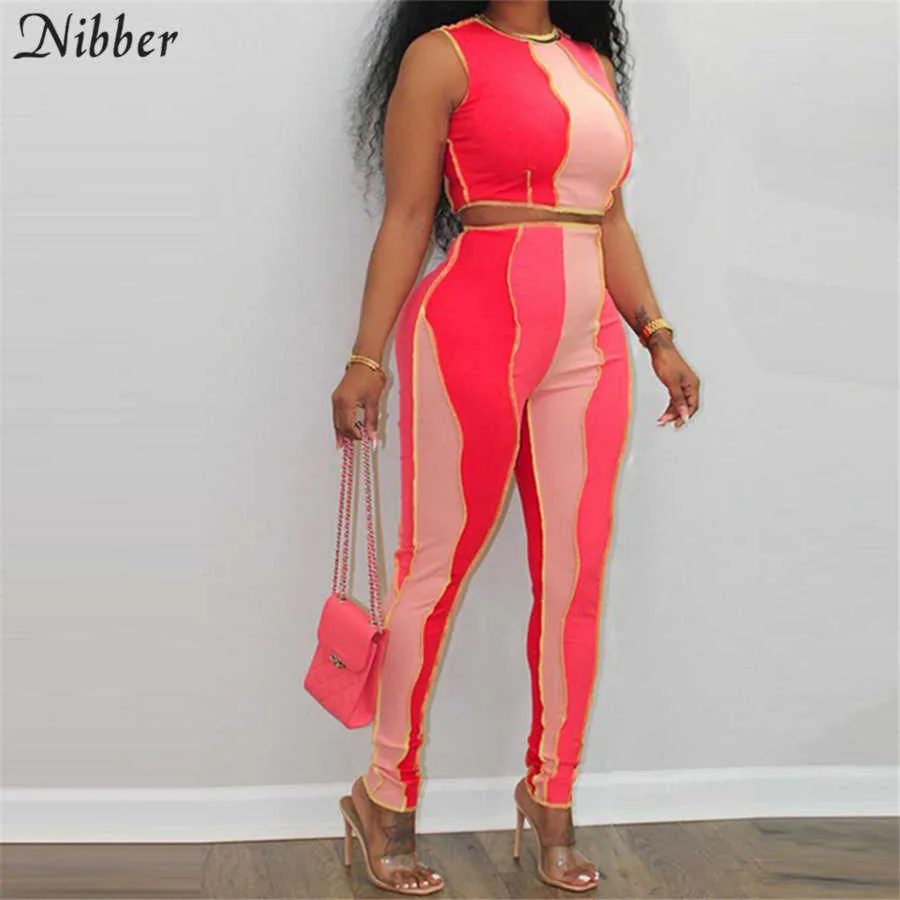 Nibber Drie-Color Stitching Ladies Suit Sports 2021 Woman's Mouwloze Vest Strakke Broek 2-Piece Comfortabele Streetwear Y0625