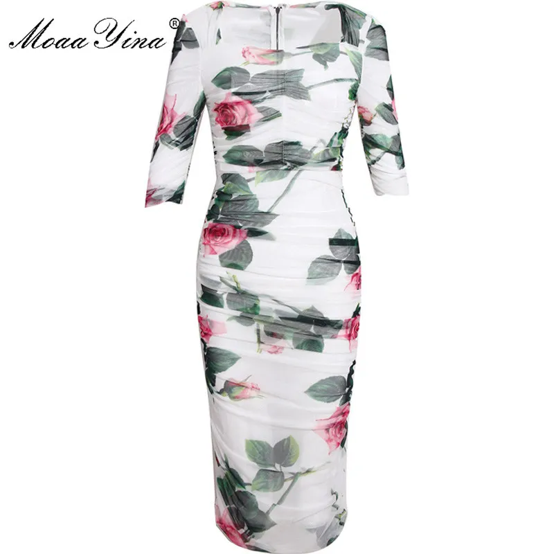 Мода дизайнерское платье лето женское платье квадратный воротник роза цветочные-печати тонкий пакет ягодицы сексуальные сетки платья 210524
