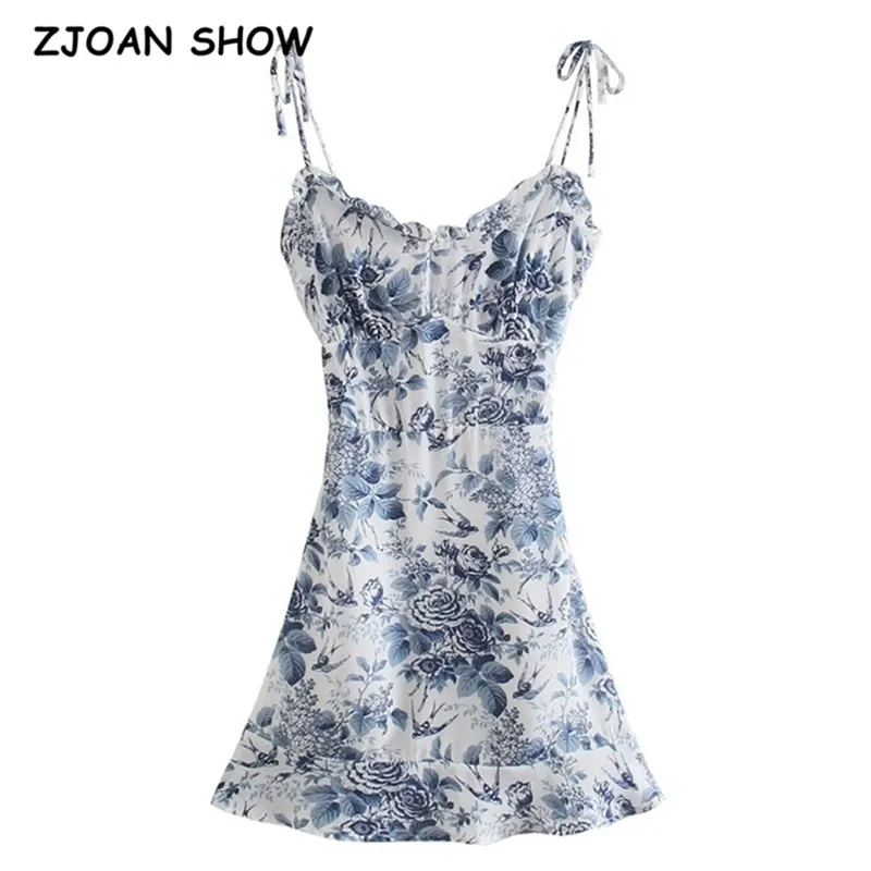 Французский летний синий белый цветочный спереди ruched bandage spaghetti ремешок мини платье ретро сексуальная шнуровка слинг оборманы платья 210429