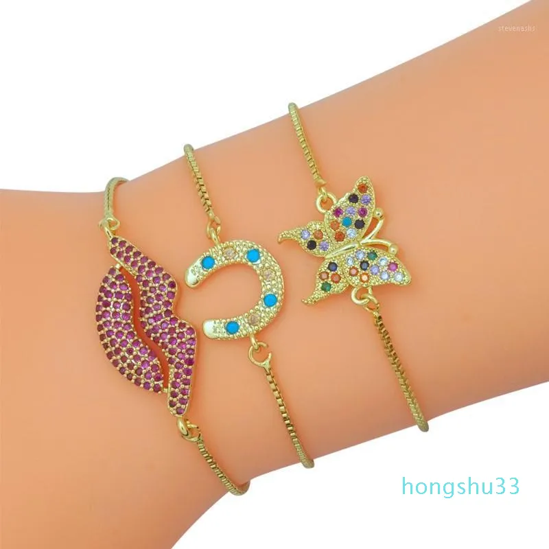 골드 가득한 나비 매력 팔찌 여성 링크 체인 손목 팔찌 CZ 쥬얼리 Pulsera 빨간 입술 무지개 Bangle1